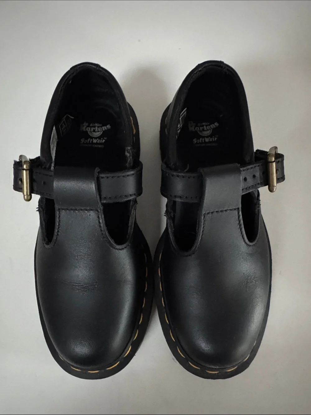 Dr. Martens Black Leather T-Bar Shoes with Yellow Stitching